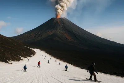 Skiers And Snowboarders On A Volcanic Slope