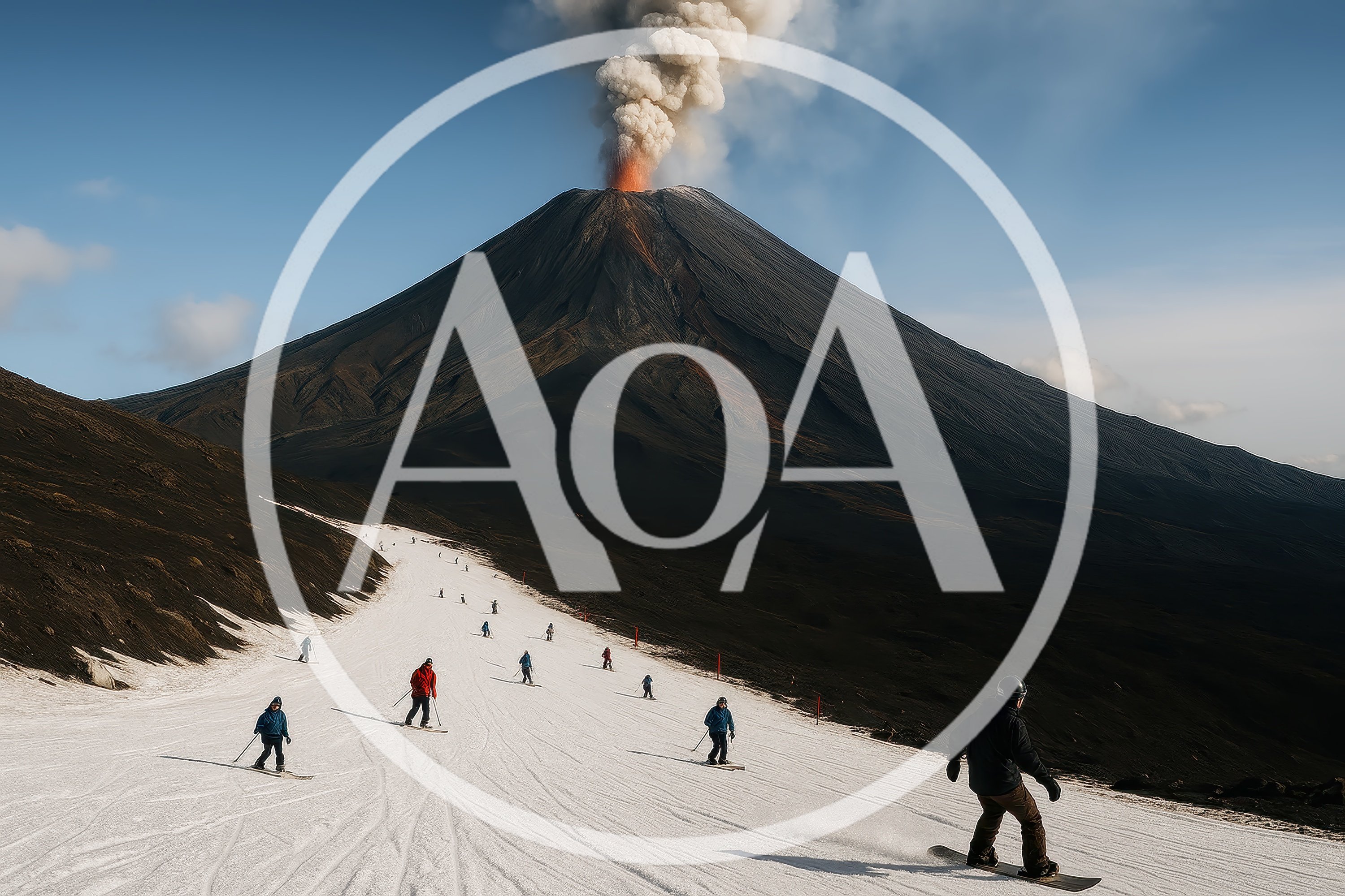 Skiers And Snowboarders On A Volcanic Slope
