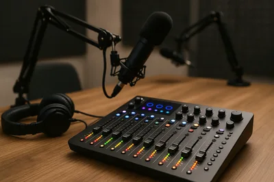 Professional Podcast Recording Setup With Audio Mixer And Microphones