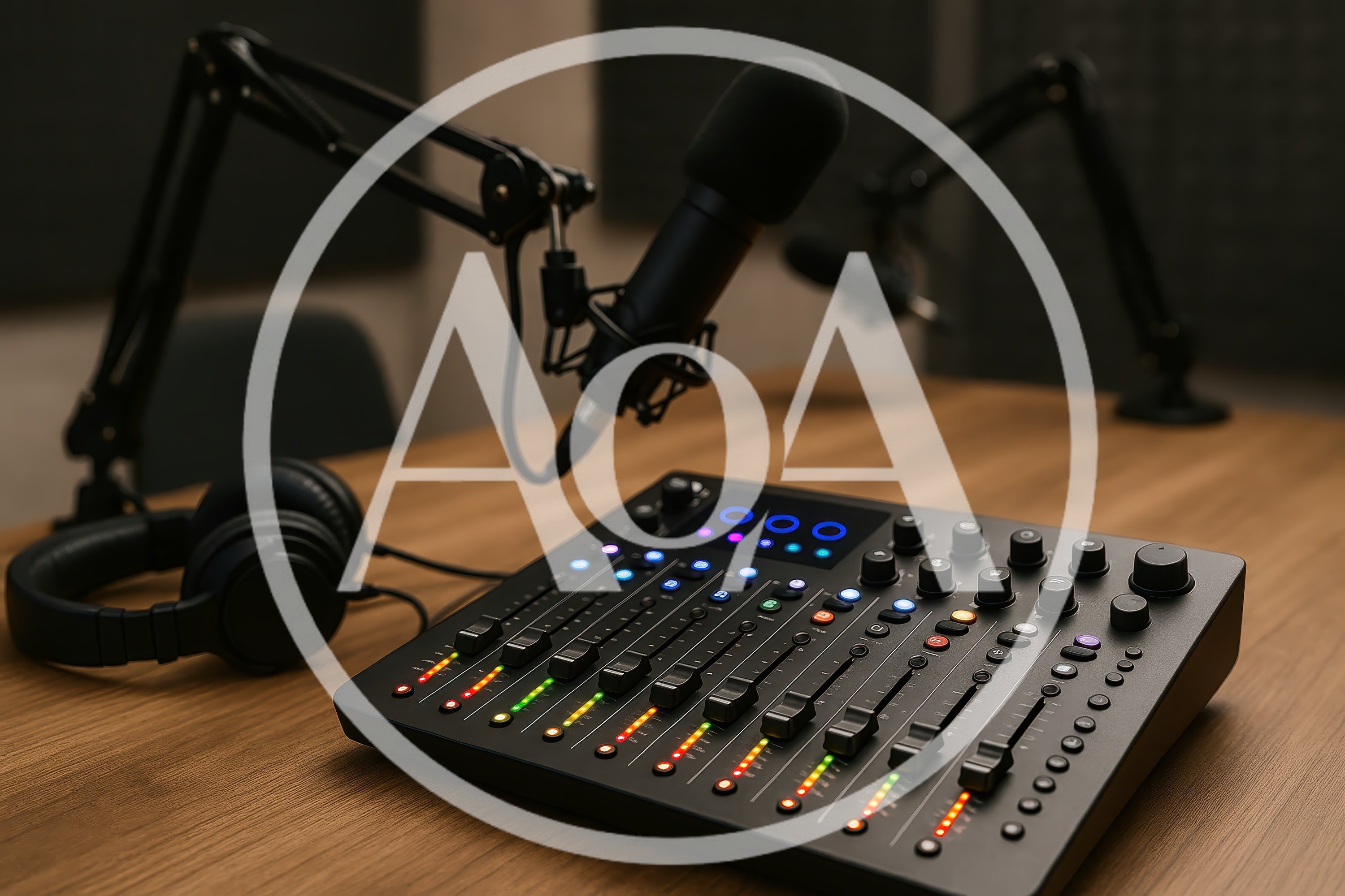 Professional Podcast Recording Setup With Audio Mixer And Microphones