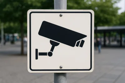CCTV Surveillance Camera Warning Sign On Pole