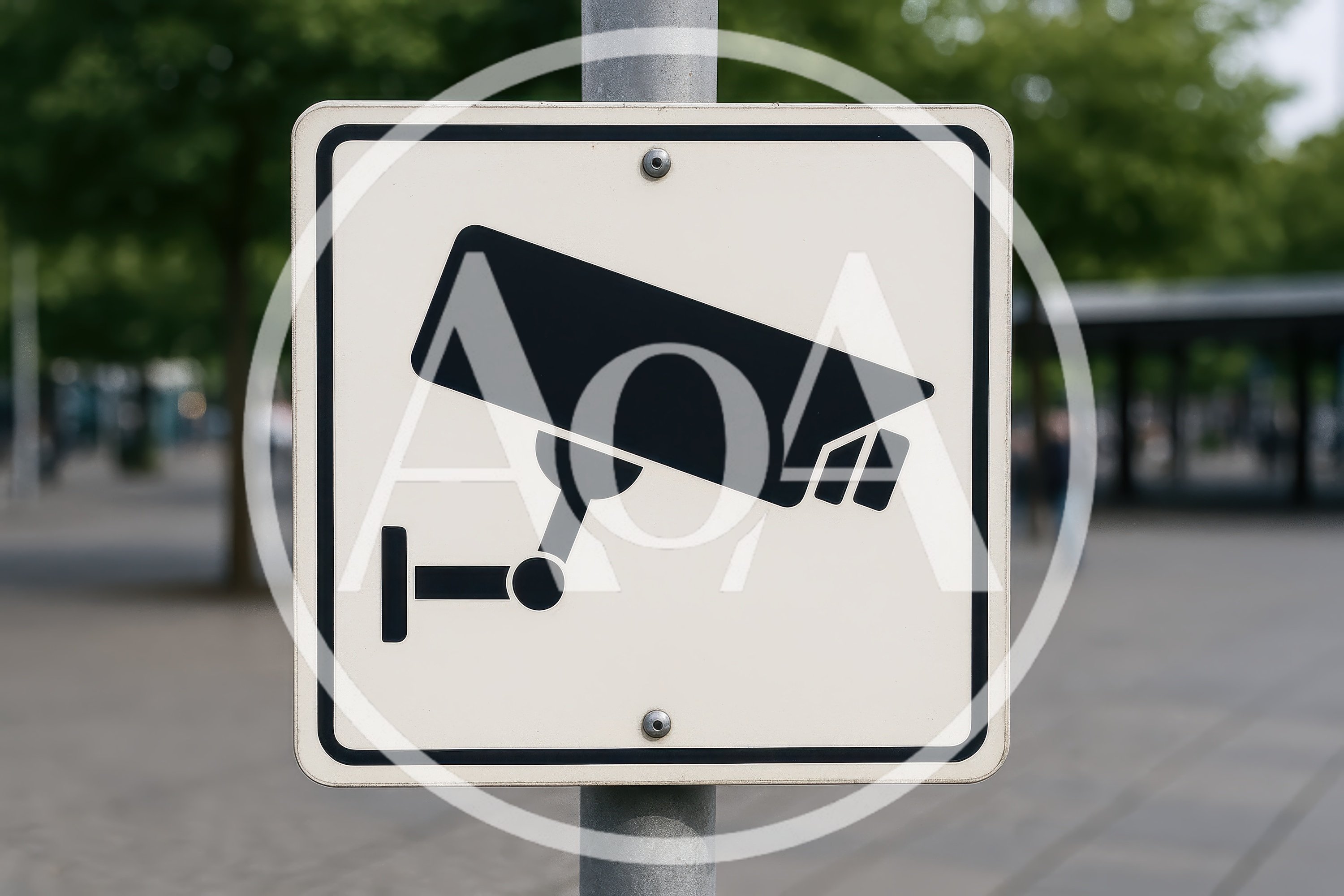 CCTV Surveillance Camera Warning Sign On Pole