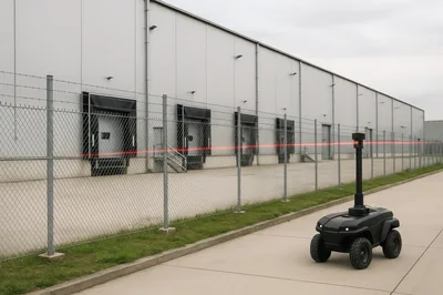 Autonomous Security Robot Patrolling Industrial Warehouse Perimeter
