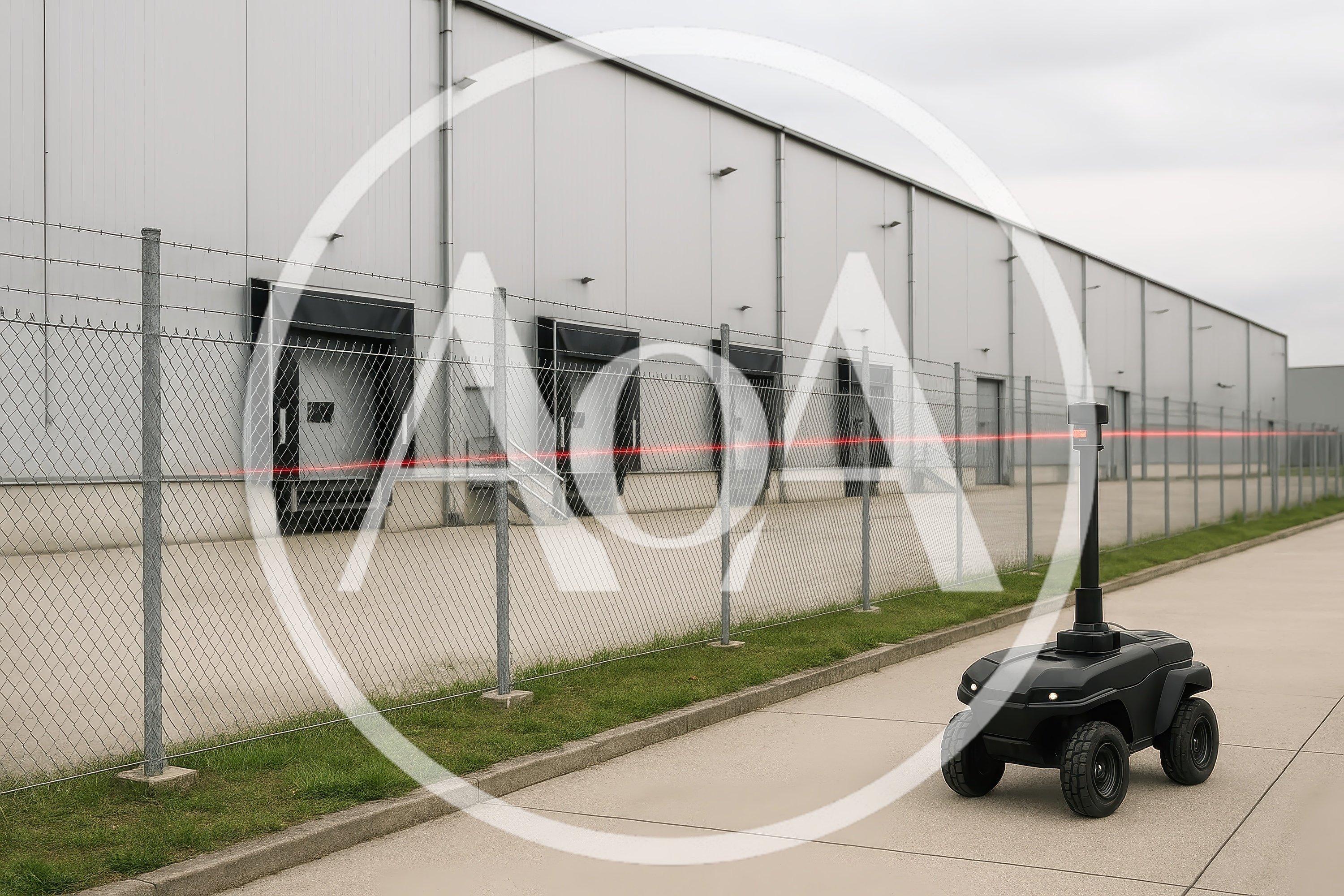 Autonomous Security Robot Patrolling Industrial Warehouse Perimeter