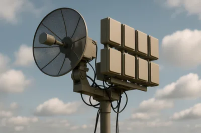 Military Communication Antenna Array Against Cloudy Sky