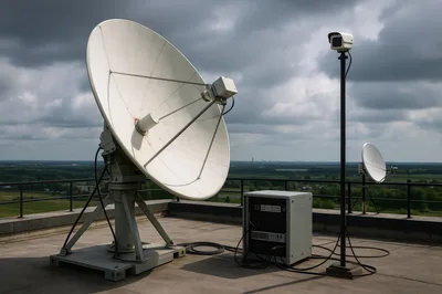 Satellite Dish And Surveillance Camera On Rooftop
