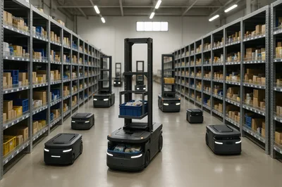 Autonomous Warehouse Robots Navigating Industrial Storage Aisles