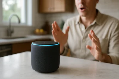 Man Interacting With Smart Speaker In Kitchen