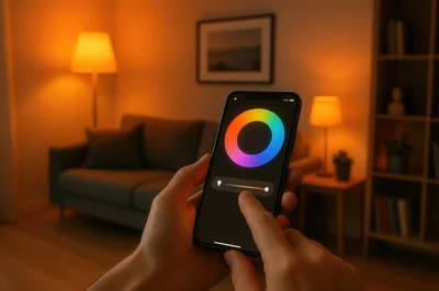 Person Adjusting Smart Home Lighting Using Smartphone App