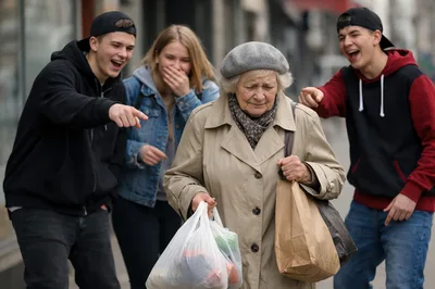 Group of Teenagers Bullying an Elderly Woman