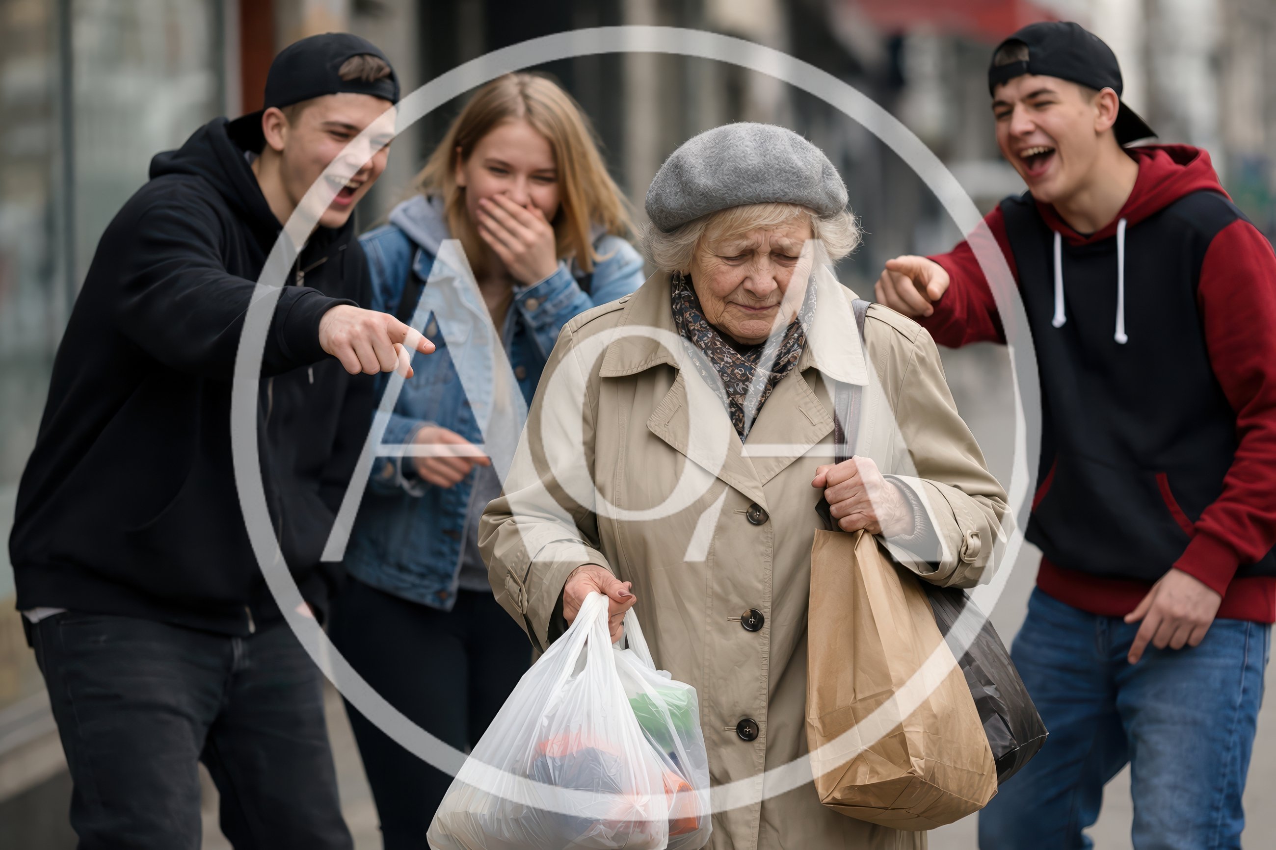 Group of Teenagers Bullying an Elderly Woman