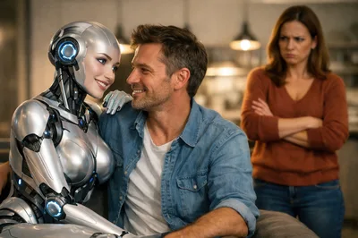 Man Sitting With Female Robot While Wife Watches