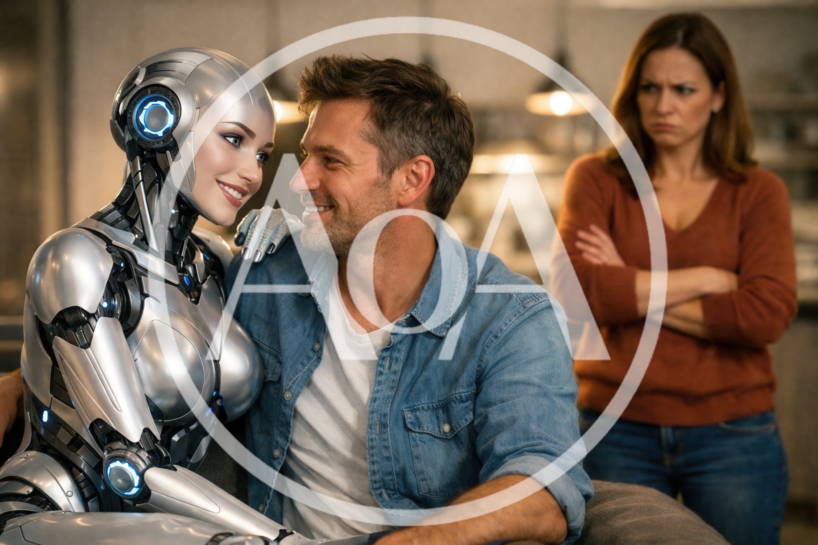 Man Sitting With Female Robot While Wife Watches