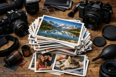 Vintage Photography Equipment And Stacked Photo Prints