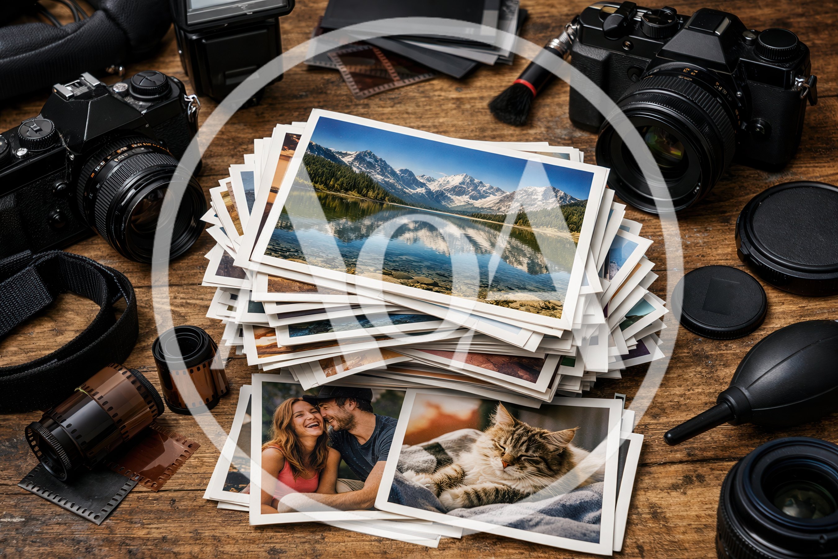 Vintage Photography Equipment And Stacked Photo Prints