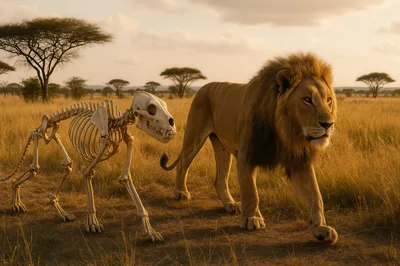 Lion Walking Beside A Ghostly Animal Skeleton
