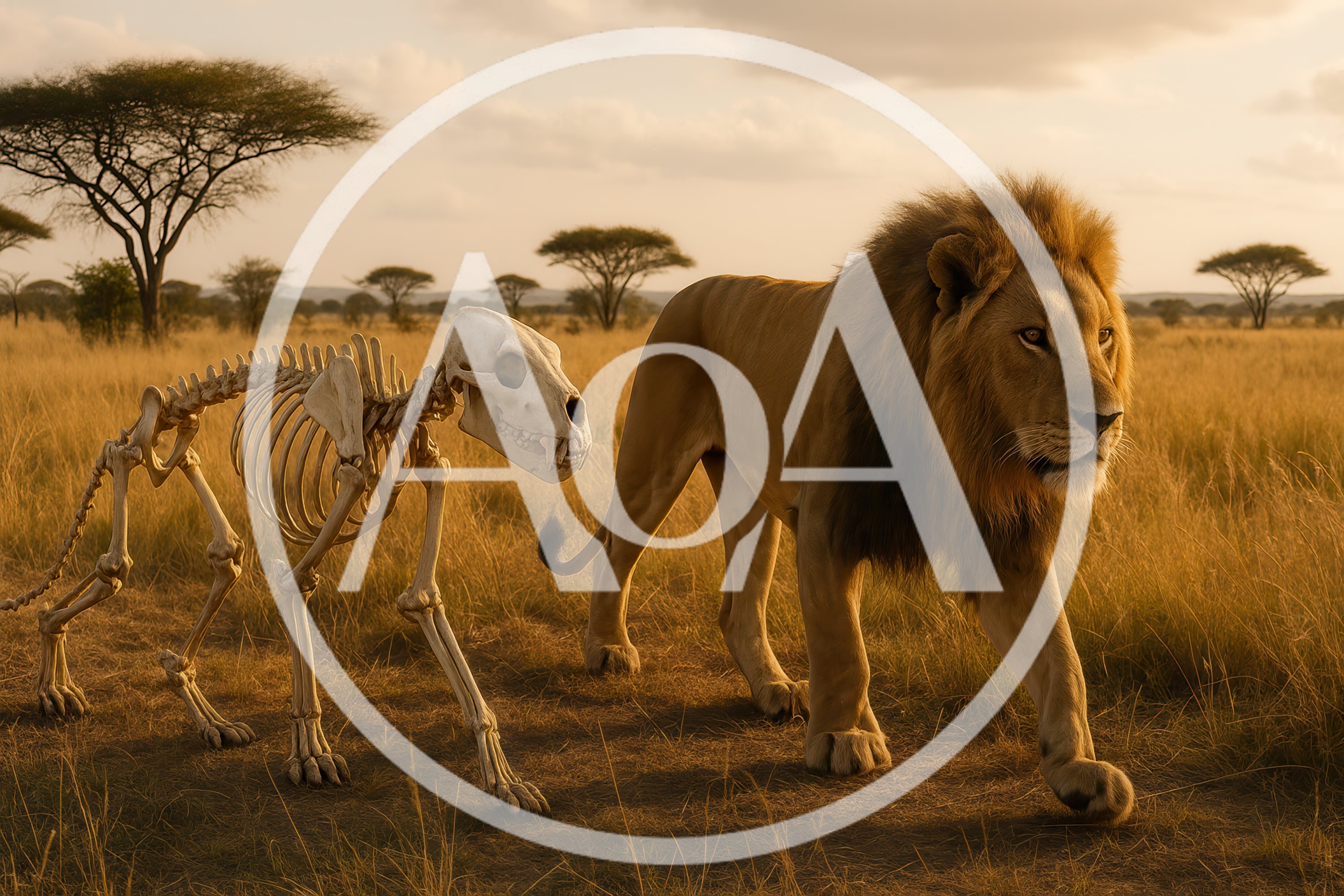 Lion Walking Beside A Ghostly Animal Skeleton