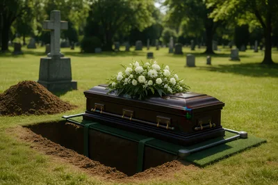 Dark Wooden Casket Over An Open Grave In Cemetery