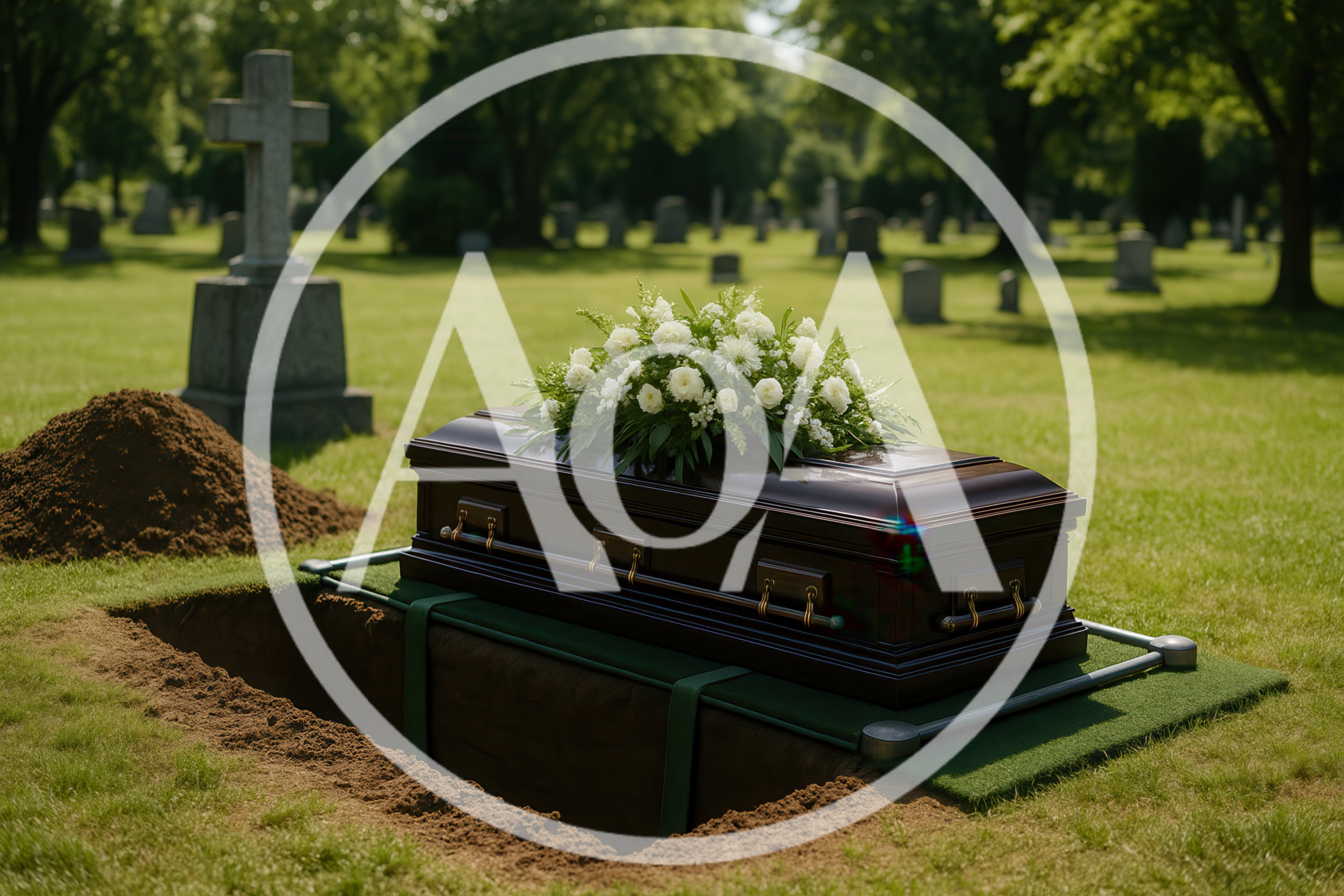 Dark Wooden Casket Over An Open Grave In Cemetery
