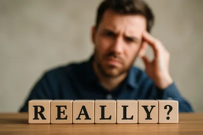 Frustrated Man Looking At Really Question Blocks