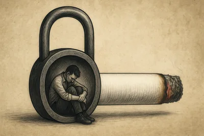 Conceptual Illustration Of Man Trapped By Cigarette Addiction