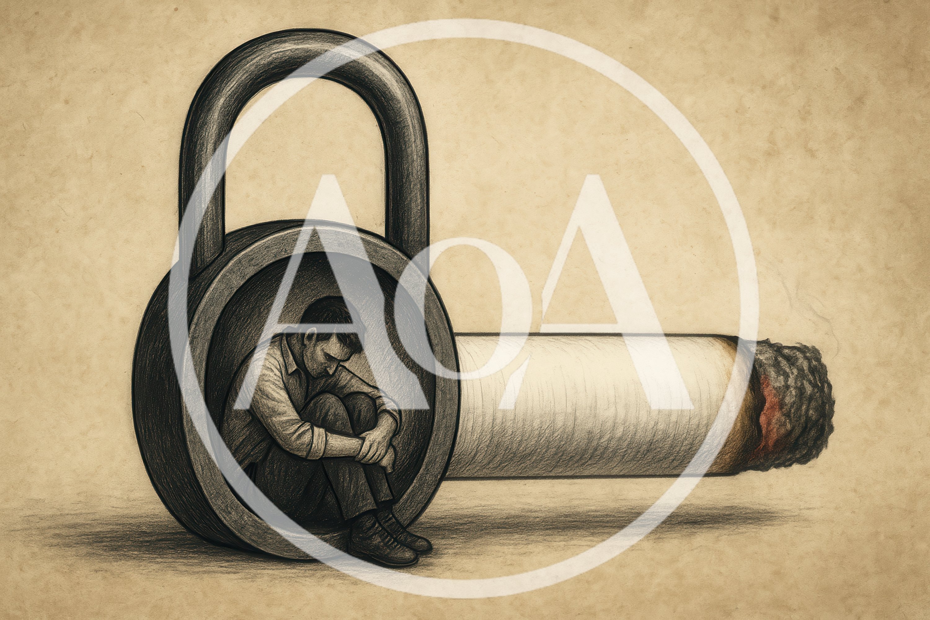 Conceptual Illustration Of Man Trapped By Cigarette Addiction