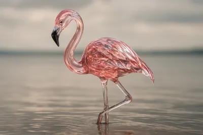 Glass Flamingo Sculpture Standing In Shallow Water