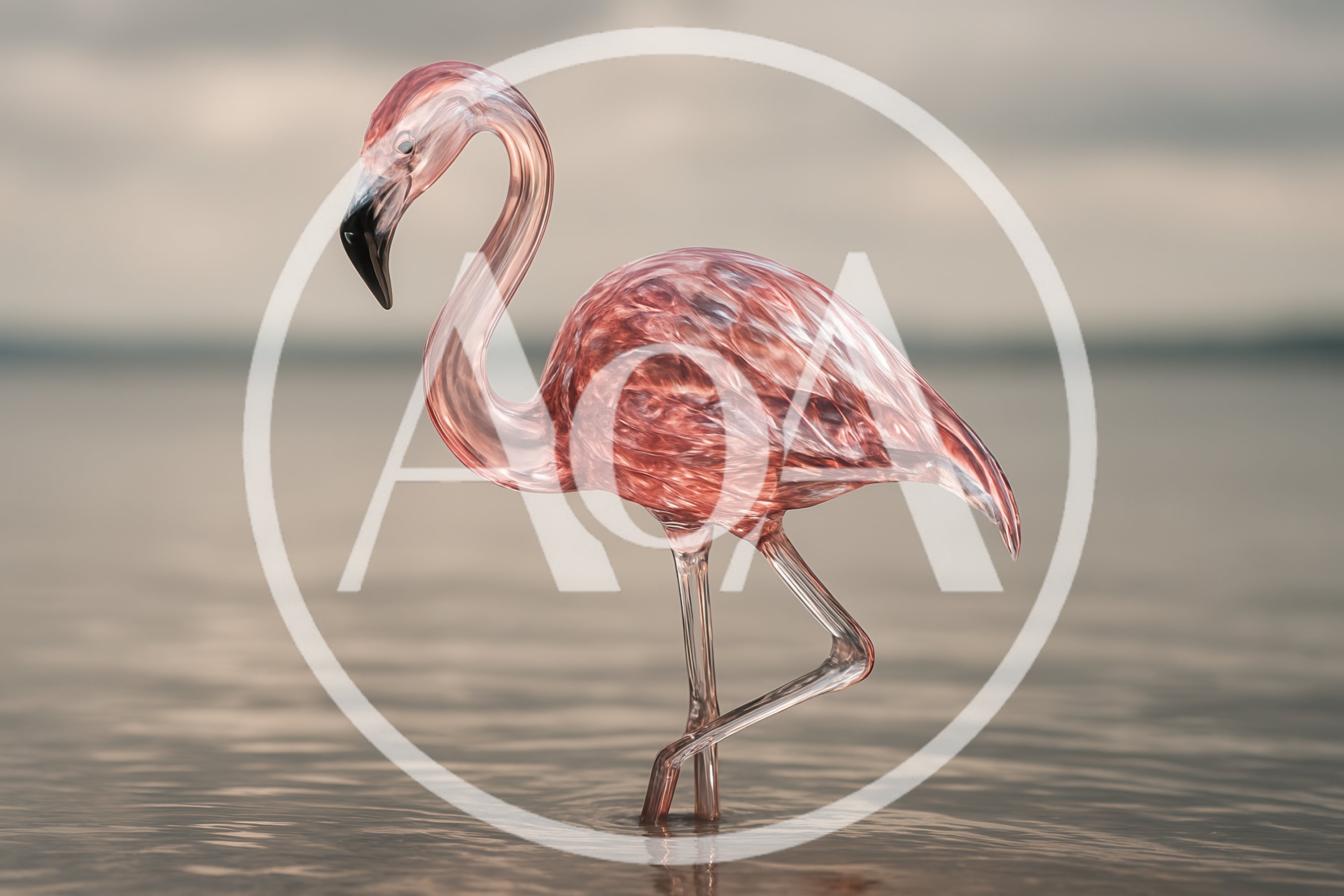 Glass Flamingo Sculpture Standing In Shallow Water
