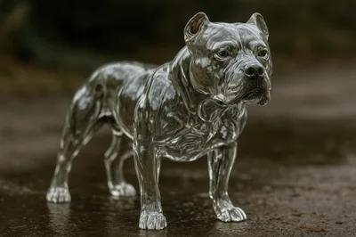 Glass Sculpture Of A Pitbull Dog Standing Outdoors