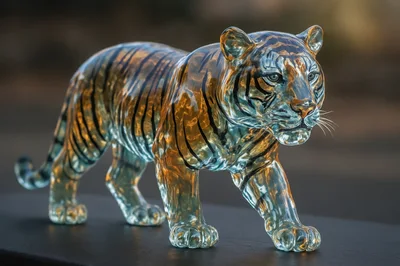Glass Tiger Sculpture Standing On A Dark Surface