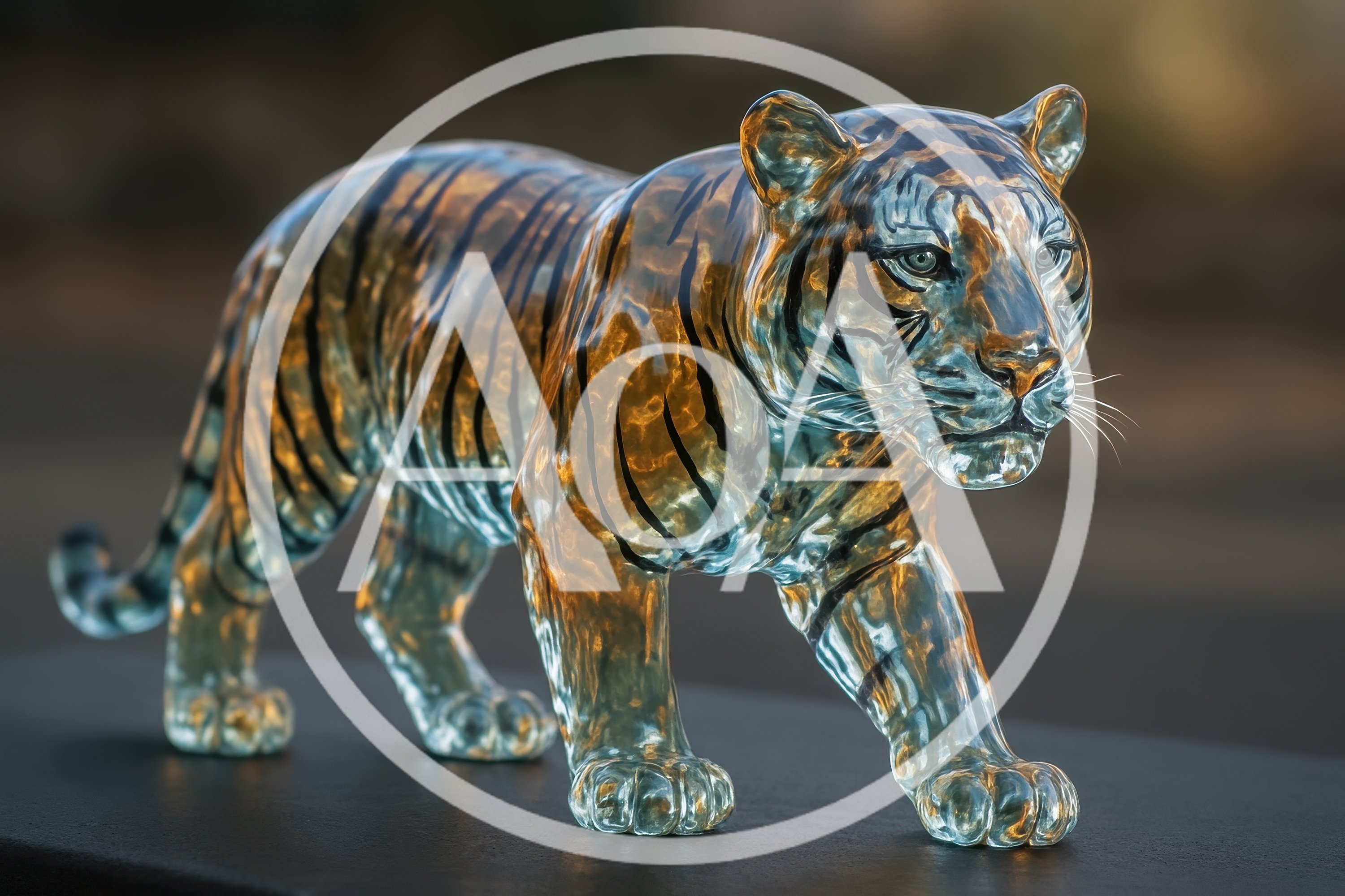 Glass Tiger Sculpture Standing On A Dark Surface
