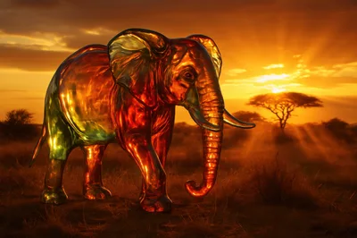 Iridescent Glass Elephant Sculpture In African Savanna Sunset