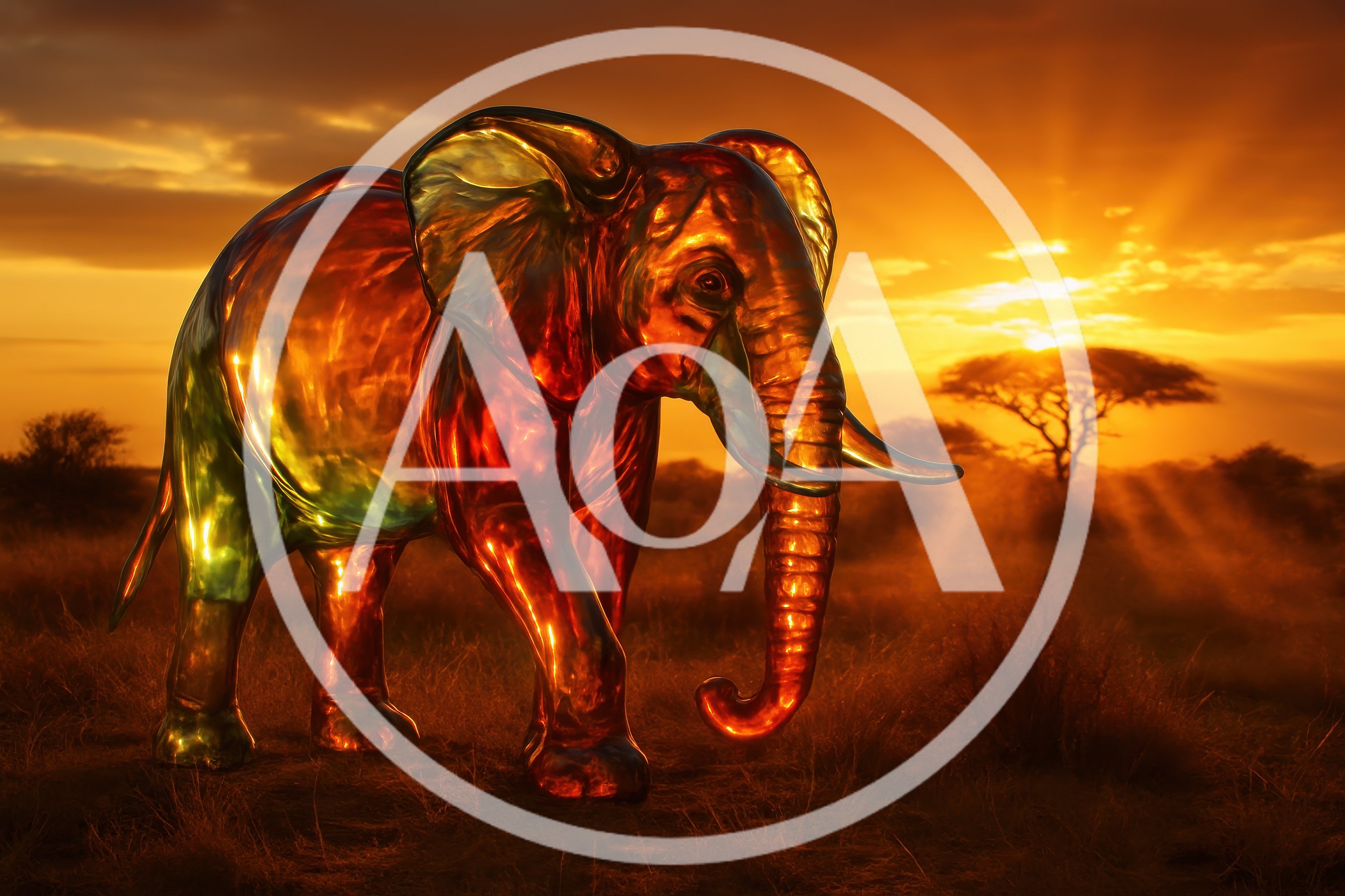 Iridescent Glass Elephant Sculpture In African Savanna Sunset
