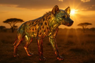 Glass Hyena Sculpture In African Savanna At Sunset