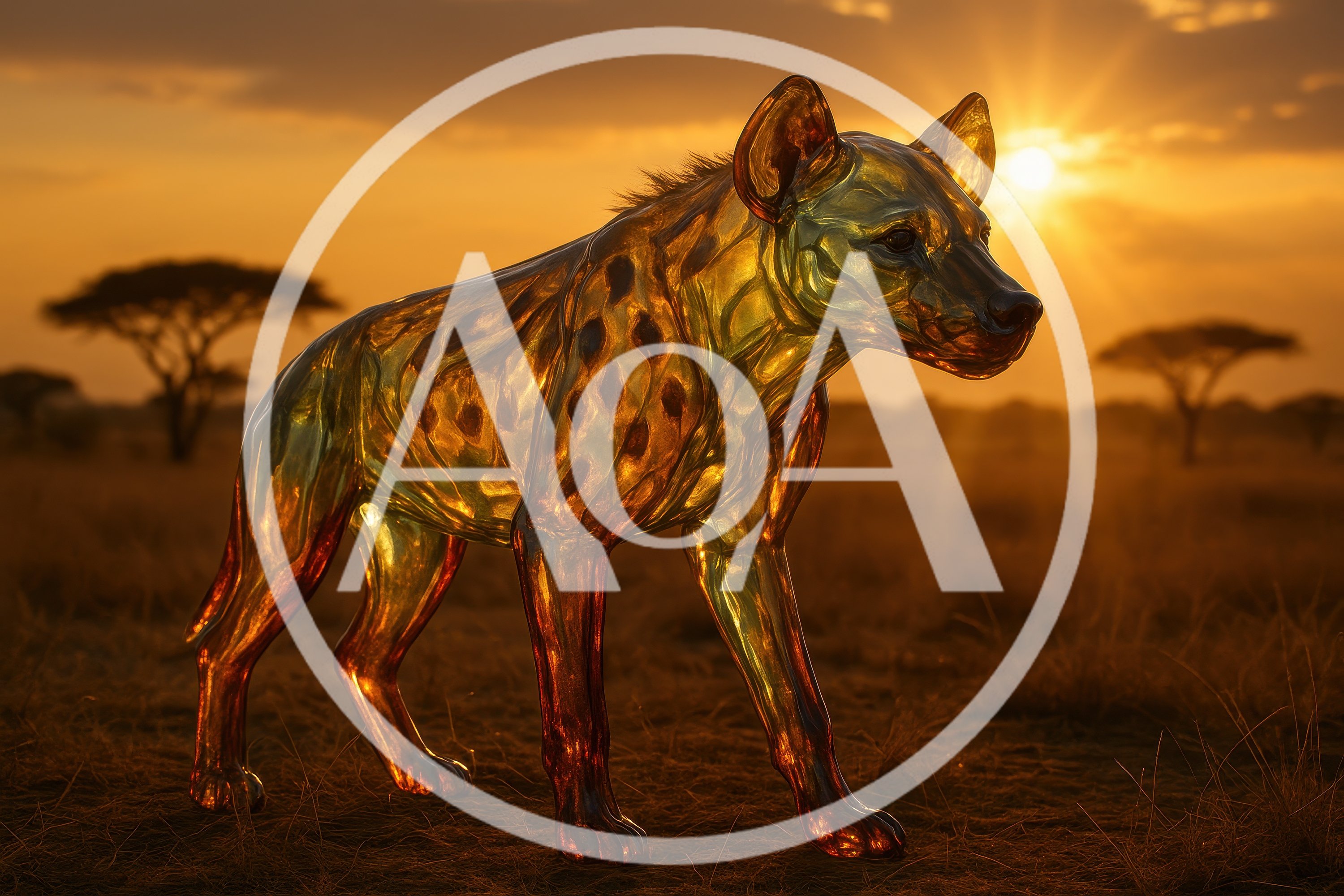 Glass Hyena Sculpture In African Savanna At Sunset