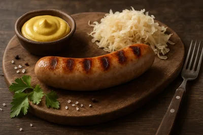 Grilled Bratwurst Sausage With Sauerkraut And Mustard