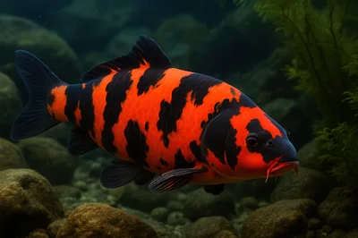 Vibrant Orange And Black Koi Fish Swimming Underwater