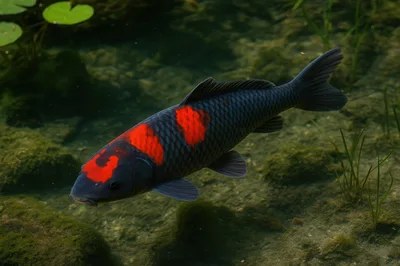 Black Koi Fish With Red Markings Swimming In Pond