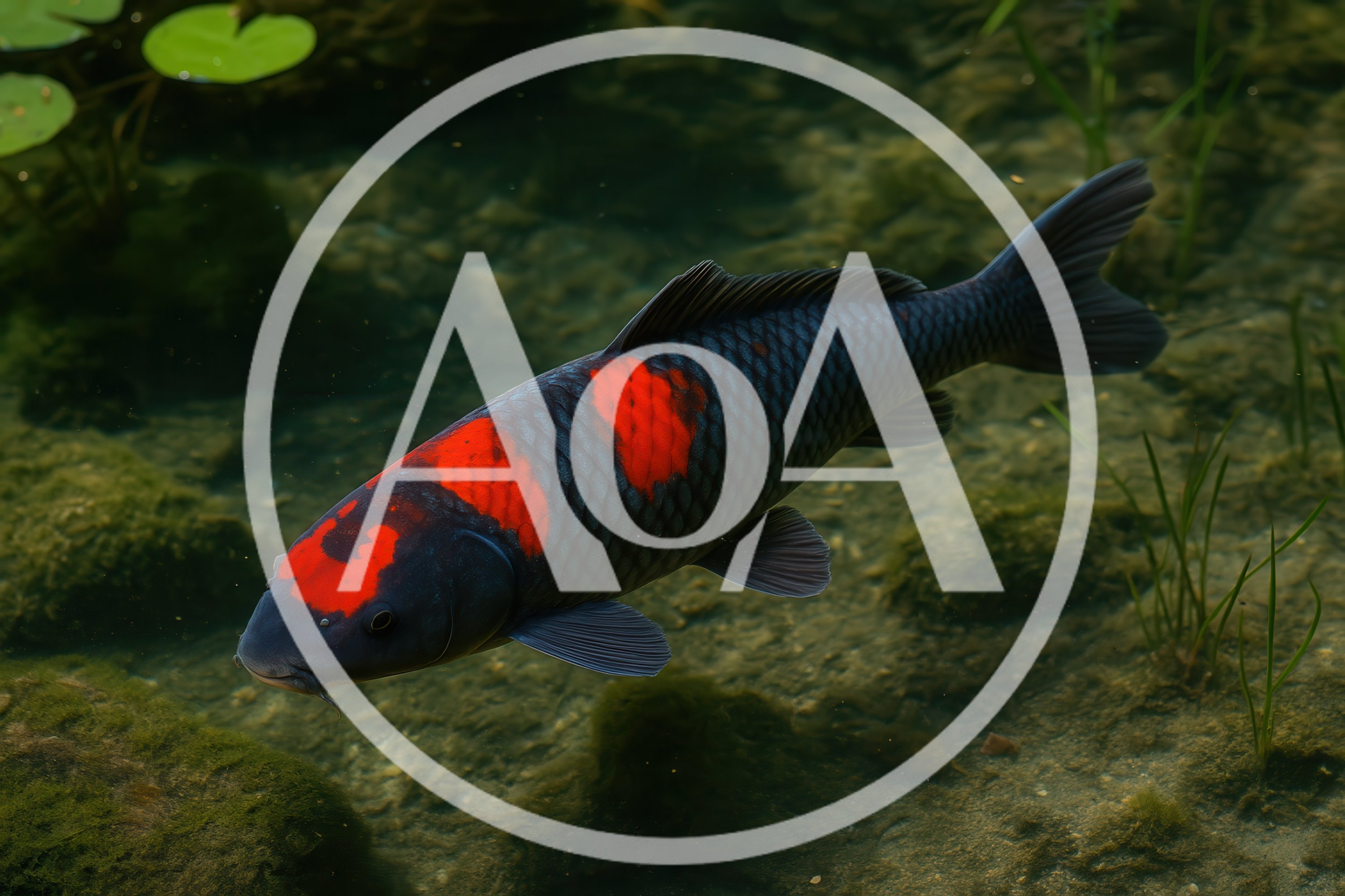 Black Koi Fish With Red Markings Swimming In Pond