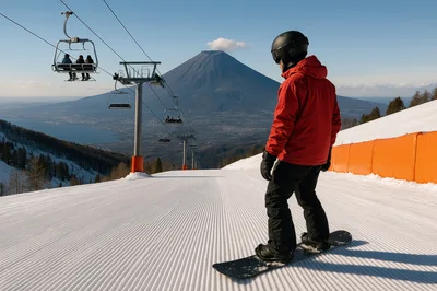 Snowboarder Looking At Mount Yotei In Niseko Japan