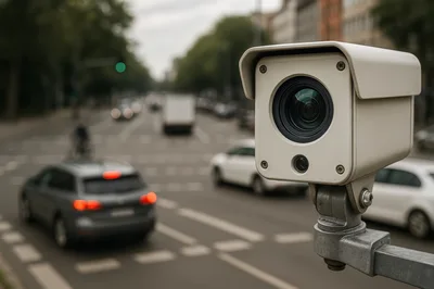 Traffic Surveillance Camera Monitoring Busy City Intersection