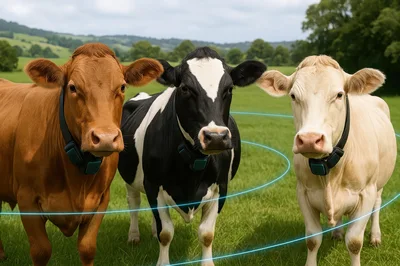 Three Cows Wearing Smart Collars In A Green Pasture