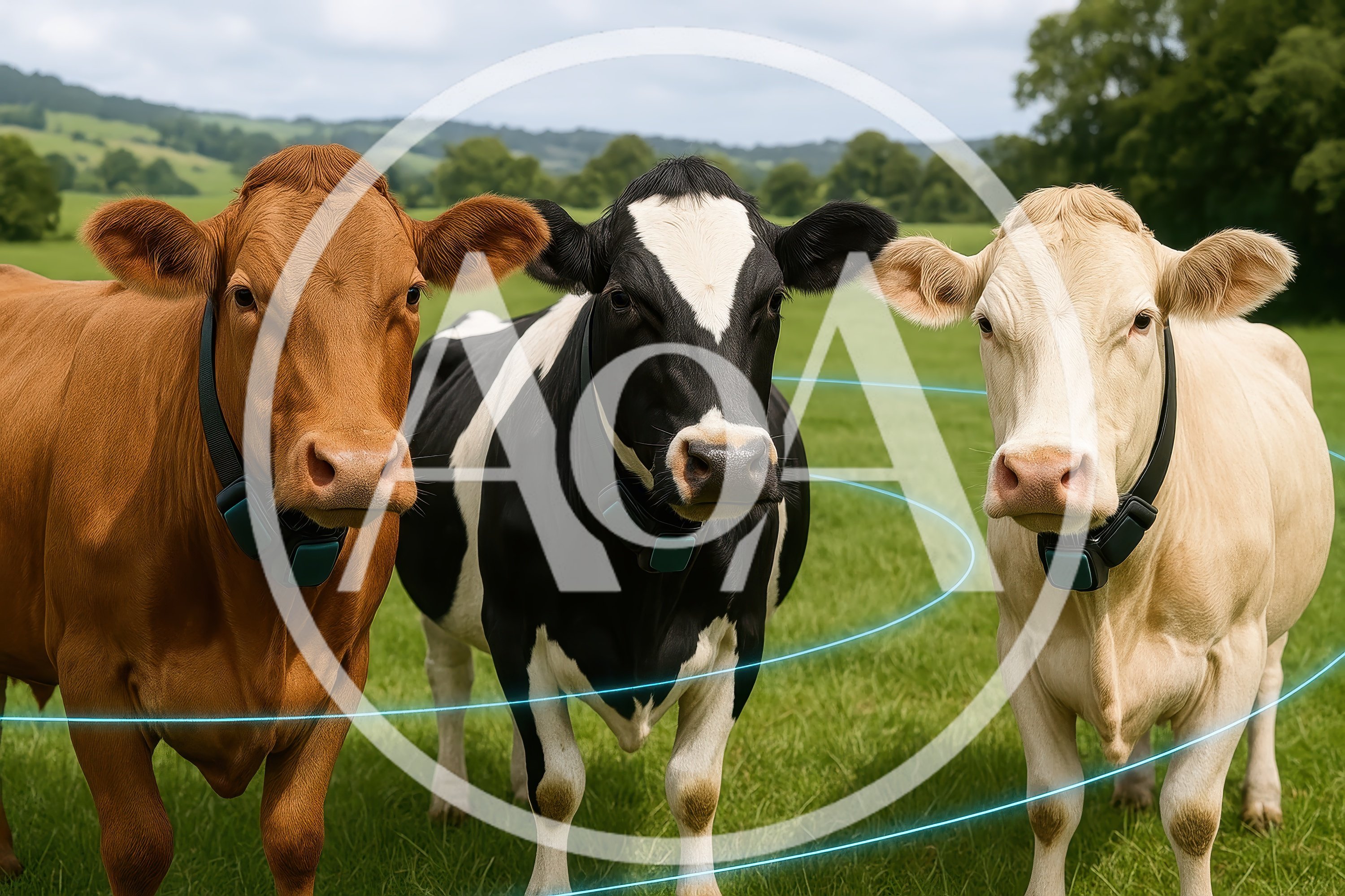 Three Cows Wearing Smart Collars In A Green Pasture