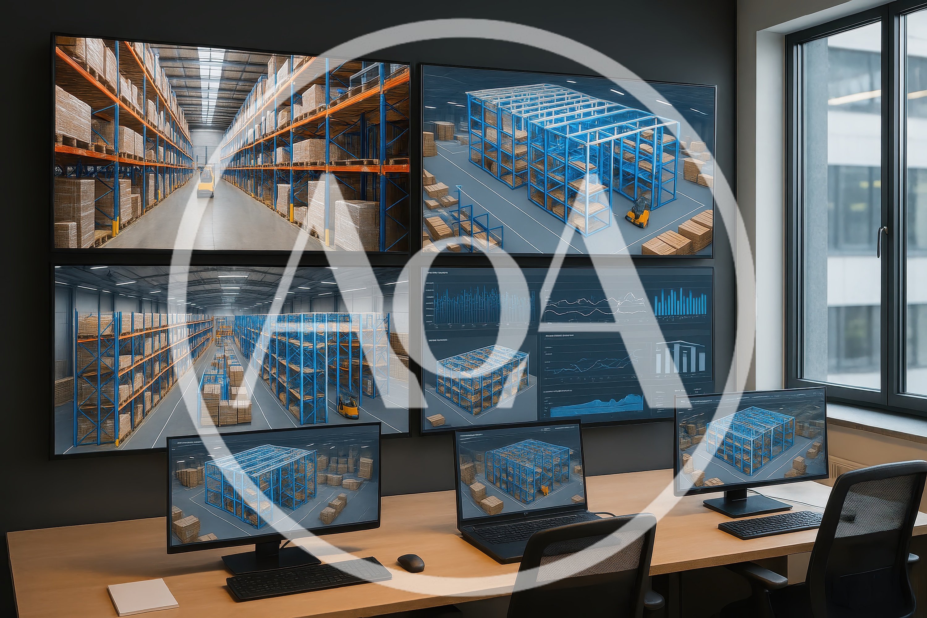 Warehouse Management Control Center With Digital Monitoring Screens
