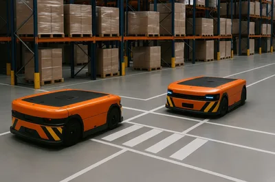 Autonomous Orange Warehouse Robots Navigating Industrial Facility