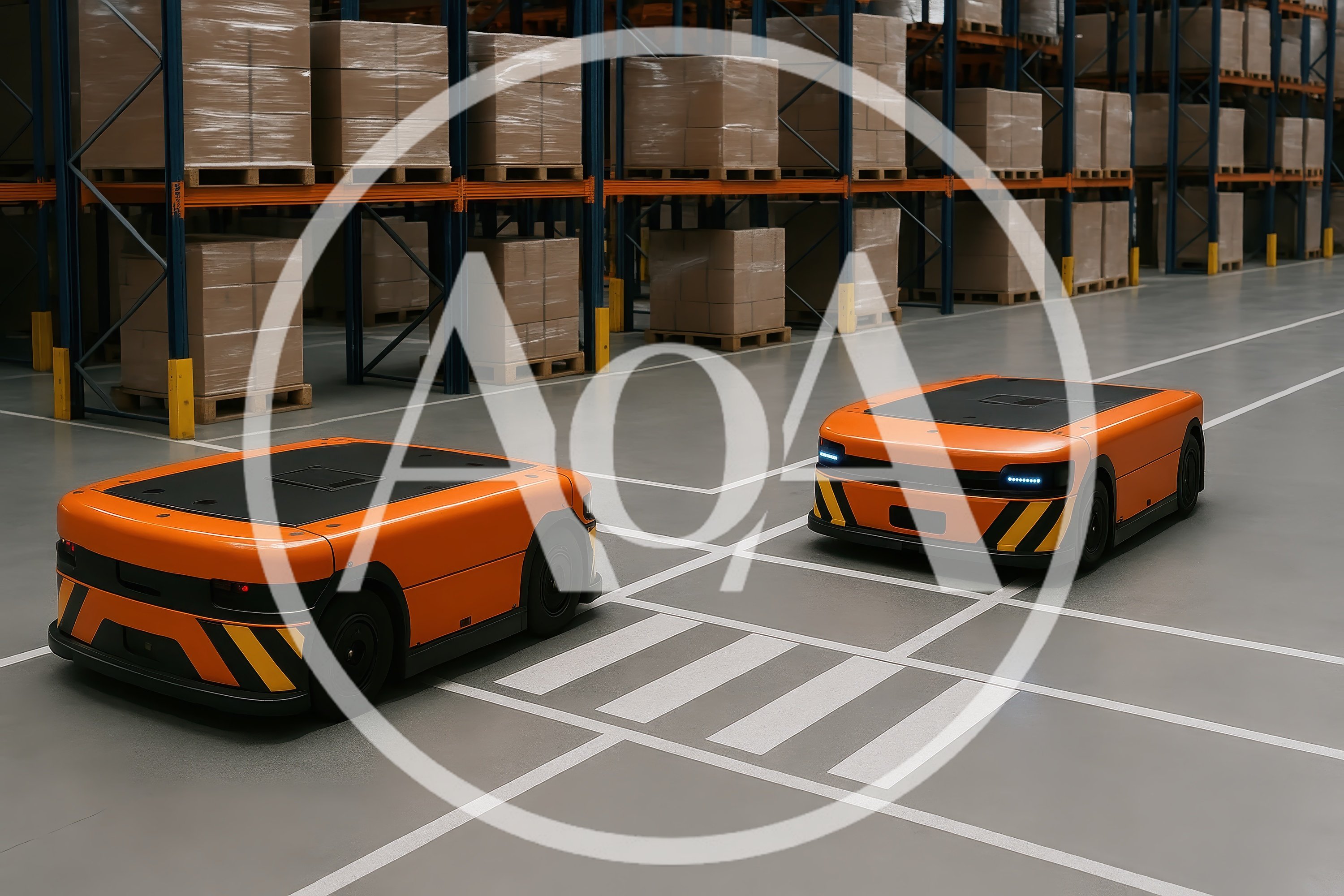 Autonomous Orange Warehouse Robots Navigating Industrial Facility