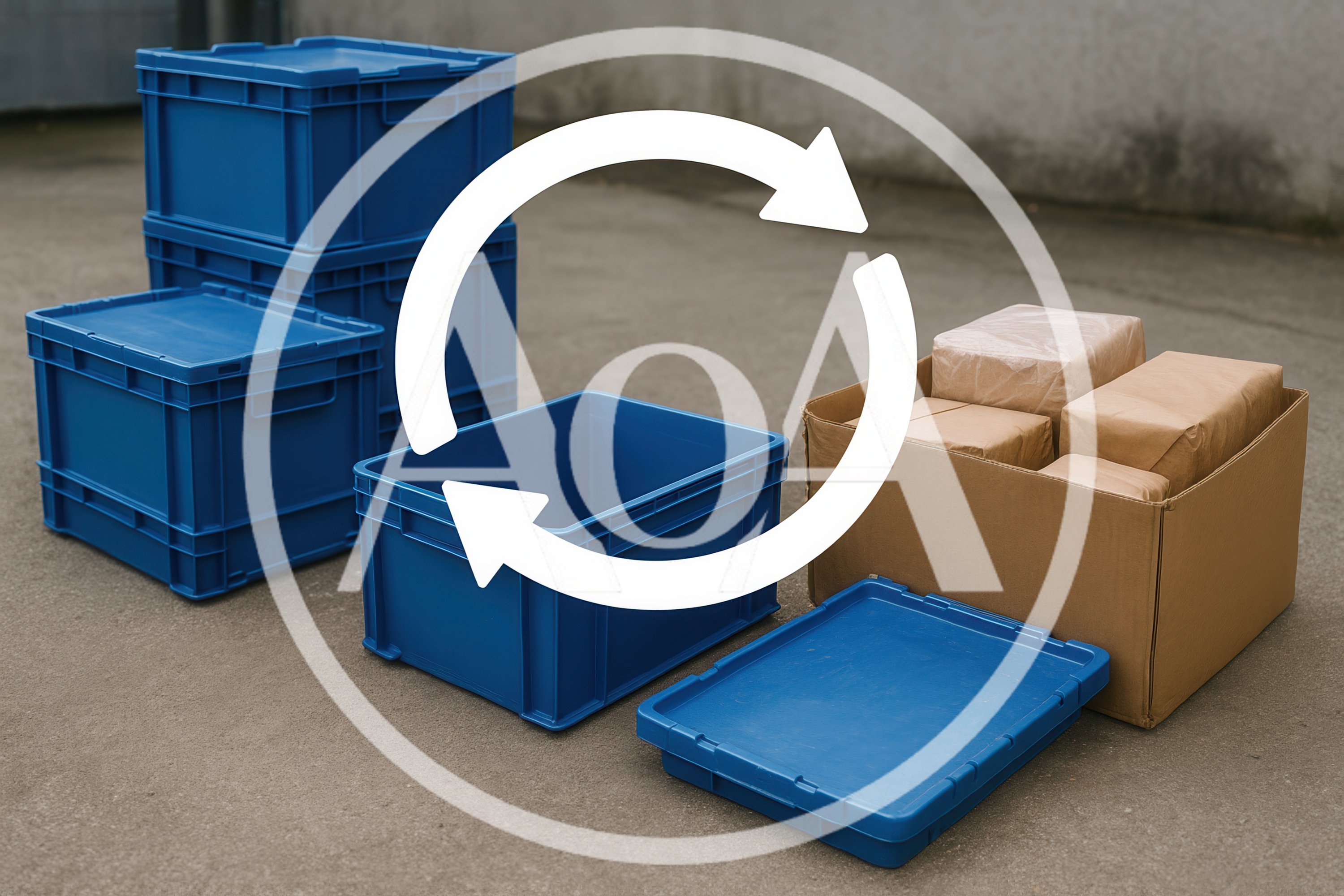 Blue Plastic Storage Crates and Cardboard Shipping Boxes