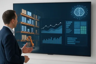Businessman Presenting Warehouse Automation Data On Digital Screen