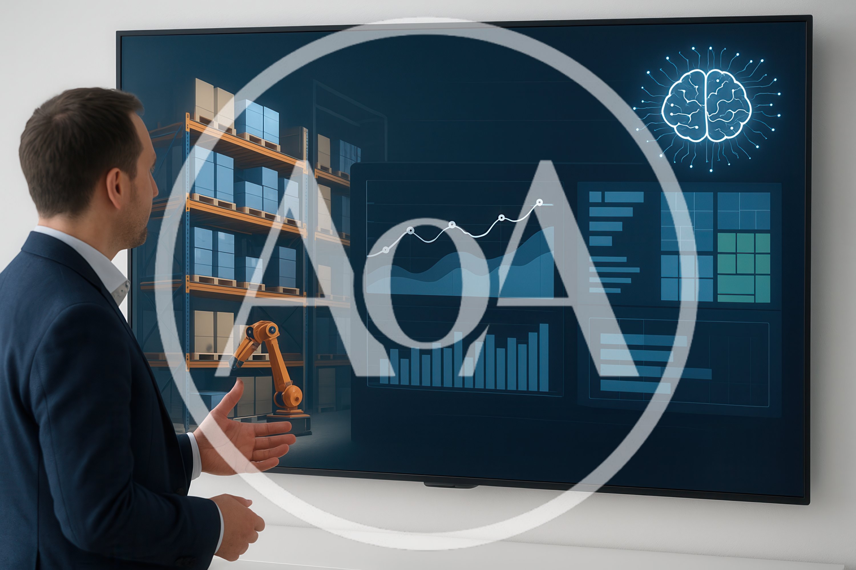 Businessman Presenting Warehouse Automation Data On Digital Screen