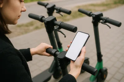 Woman Using Smartphone To Rent Electric Scooter